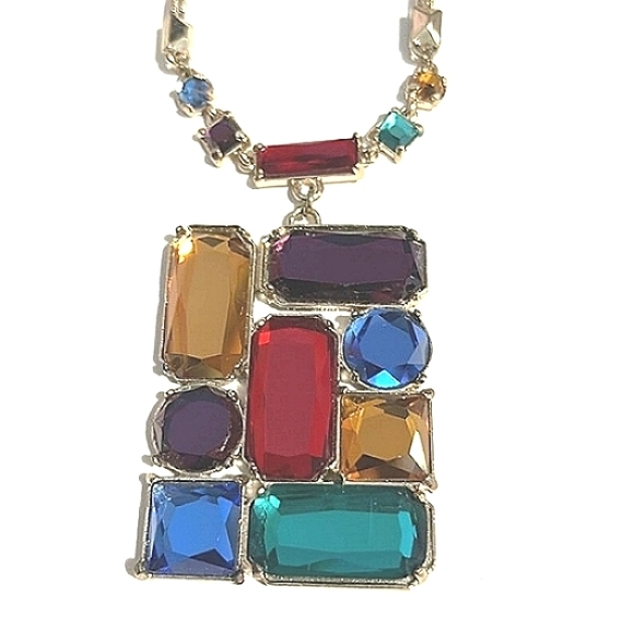 VINTAGE MULTICOLORED RHINESTONE PENDANT DOUBLE SNAKE CHAIN 18-21" NECKLACE - Picture 2 of 12